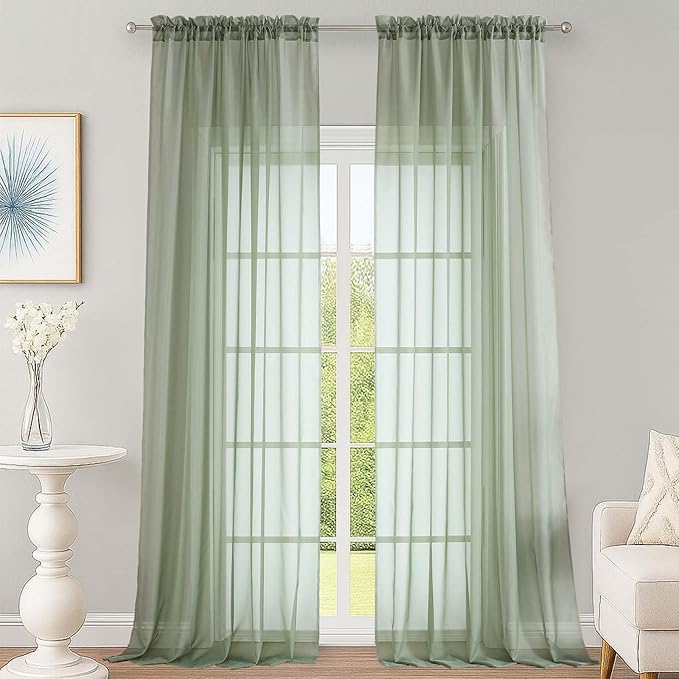 OWENIE Sage Green Sheer Curtains 120 Inches Long 2 Panels Set, Airy Lightweight Sage Curtain for Living Room Bedroom, Farmhouse Filmy Rod Pocket Drapes, 2 Pcs, Each 59" Wx120 L Inch