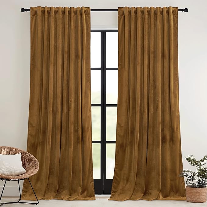 RYB HOME Brownish Gold Velvet Curtains 108 inch, Retro Vintage Room Darkening Window Curtains for Living Room Drafts Block Privacy Shades for Bedroom Playroom Home Theater, W52 x L108 inch, 2 Panels
