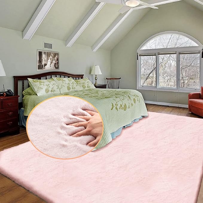 ORINOVA Living Room Rugs 8x10 Area Rugs for Bedroom Pink Shag Washable Faux Rabbit Fluffy Fur Rug Large Boho Nursery Rug