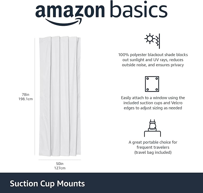 Amazon Basics Portable Room Darkening Light Blocking Blackout Curtain Shade with Suction Cups, 100% Polyester, 50"W x 78"L,White, 1-Pack