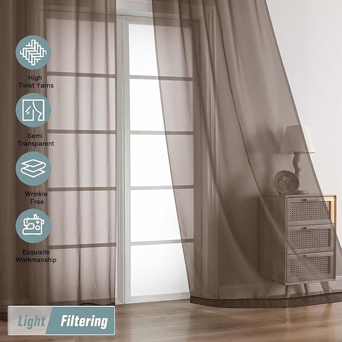 Chocolate Sheer Curtains for Window 72 inches Long 2 Panels Set, Soft Airy Modern Light Filtering Sheer Curtains for Living Room Bedroom, Dual Rod Pocket Solid Window Drapes, 2x42Wx72L inches