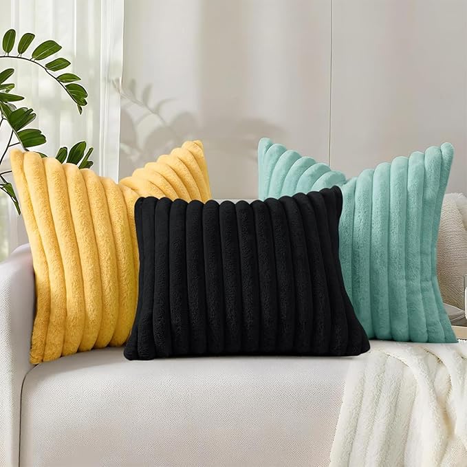decorUhome Summer Cozy Faux Fur Throw Pillow Covers 18x18 Set of 2 Decorative Soft Plush Striped Modern Farmhouse Boho Couch Pillow Cases with Velvet Back for Sofa Bed Living Room, Mustard Yellow