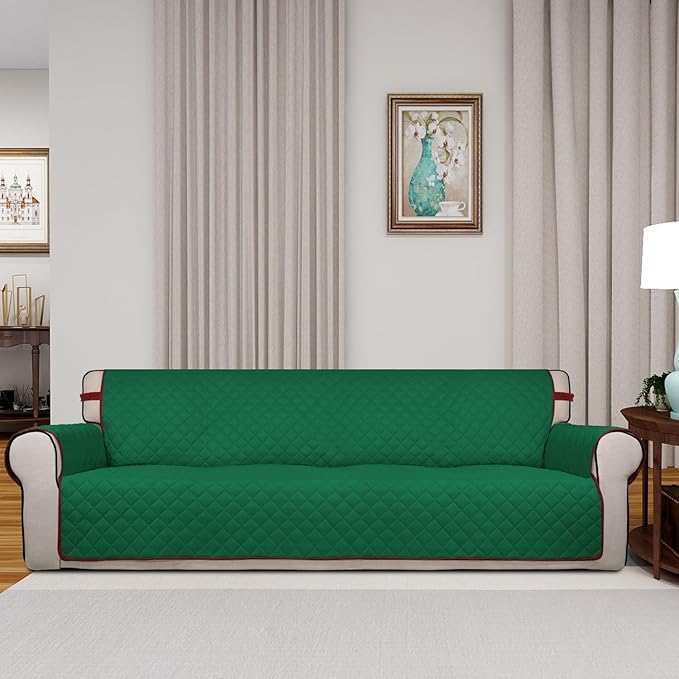 PureFit Reversible Quilted Sofa Cover, Water Resistant Slipcover Furniture Protector, Washable Couch Cover with Non Slip and Elastic Straps for Kids, Dogs, Pets (XX Large, Green/Red)