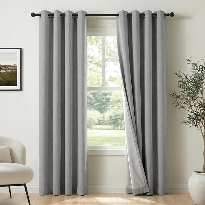 100% Blackout Shield Linen Blackout Curtains for Bedroom, Grey Grommet Curtains for Living Room, Thermal Insulated Room Darkening Drapes for Nursery, Boho Home Decor, 50" W x 72" L, 2 Panels