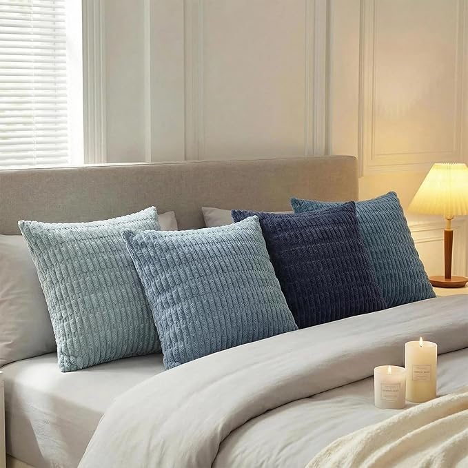 Fancy Homi Set of 4 Blue Boho Decorative Throw Pillow Covers 22x22 Inch for Couch Bed Sofa, Aesthetic Modern Bohemian Room Decor, Soft Fuzzy Cozy Corduroy Textured Coastal Blue Cushion Case 55x55cm