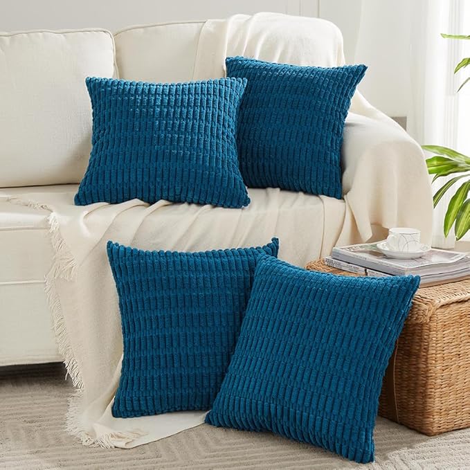 Fancy Homi 4 Packs Teal Decorative Throw Pillow Covers 16x16 Inch for Living Room Couch Bed Sofa, Rustic Farmhouse Fall Home Decor, Soft Striped Corduroy Square Cushion Case 40x40 cm