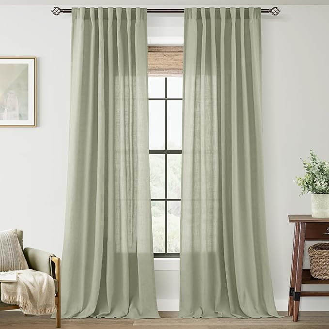 Linen Blend Sage Green Curtains 90 inch Length 2 Panels for Bedroom Back Tab Light Filtering Semi Sheer Drapes Linen Cotton Textured Light Green Airy Modern Farmhouse Living Room Sage Aesthetic Decor