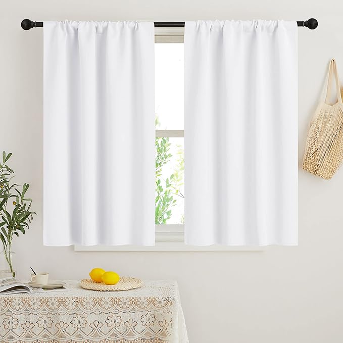 RYB HOME Short Curtains for Bedroom, Room Darkening Insulated Summer Heat Light UV Blocking Energy Saving Drapes for Nursery, Width 34 by Length 48, Pure White, Set of 2