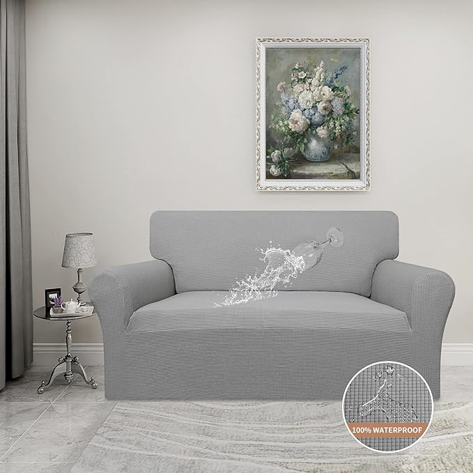 Easy-Going 100% Waterproof Loveseat Couch Cover, Dual Waterproof Sofa Cover, Stretch Jacquard Sofa Slipcover, Leakproof Furniture Protector for Kids, Pets, Dog and Cat (Loveseat, Light Gray)