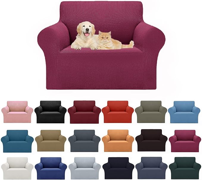 Cupuamon 2026 New Stretch Chair Sofa Slipcovers Couch Cover for 1 Seater Furniture Protector Sofa Covers with Elastic Bottom Jacquard Fabric Small Checks for Pets, Kids - Wine