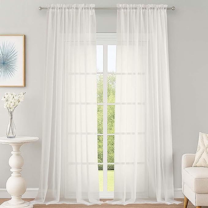 OWENIE Extra Long Ivory Sheer Curtains 144 inch 2 Panels Set, Translucent Backdrop Window Scarf Drapes for Canopy Bed/Wedding/Living Room/Anniversary, 12FT Length, Each 59Wx144L in, 2PCS, Ivory