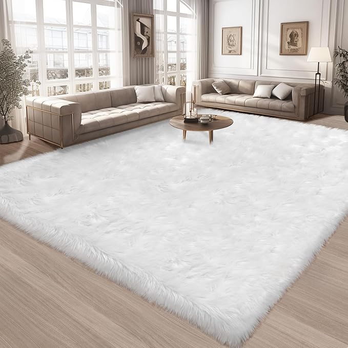 Ciicool White Faux Fur Rug 8 x 10 Feet, Large Fluffy Carpet, Faux Fur Sheepskin Rugs for Living Room, Shaggy Washable Rug for Bedroom, Luxury Room Decor, Fuzzy Rugs, Rectangle