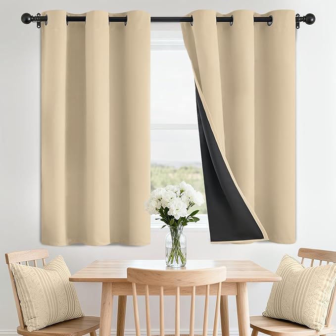 SimpleHome 100% Blackout Curtains for Bedroom,Thermal Insulated Beige Grommet Window Drapes Room Darkening Curtains for Living Room with Black Back,42 x 36 Inch,2 Panels