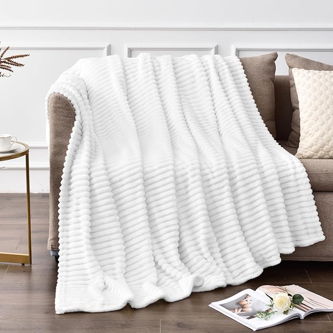 BEDELITE Fleece Throw Blanket for Couch – 3D Ribbed Jacquard Soft and Warm Decorative Fuzzy Blanket – Cozy, Fluffy, Plush Lightweight White Throw Blankets for Bed, Sofa, 50x70 inches