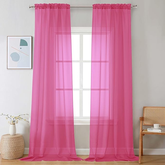 Chyhomenyc Sheer Curtains 108 Inch Length 2 Panels Set, Extra Long Light Filtering Solid Voile Window Drapes for Living Room Bedroom, 42Wx108L, 9FT Length, Set of 2, Hot Pink