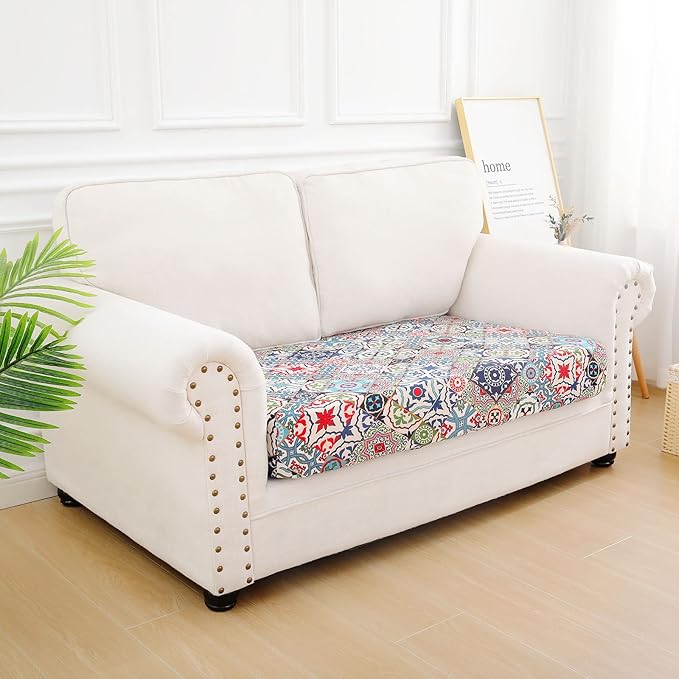 hyha Printed Couch Cushion Covers, Floral Sofa Covers Washable for 2 Cushion Couch, Stretch Pattern Outdoor Cushion Covers for Patio Furniture with Elastic Bottom(Medium, Patchwork Moroccan)