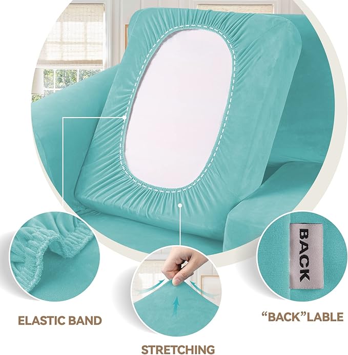 WEERRW 4 Pieces Velvet High Stretch Couch Covers for 3 Cushion Couch Sofa Slipcovers, Washable Furniture Protector with Non Slip Elastic Bottom, Feature Soft and Thick Plush Fabric, Aqua, Large
