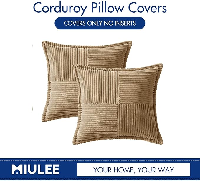MIULEE Decorative Euro Sham Throw Pillow Covers for Couch Bed Livingroom 22x22 Inch Set of 2 Khaki Boho Accent Throw Pllows Broadside Striped Patchwork Soft Corduroy Pillowcases