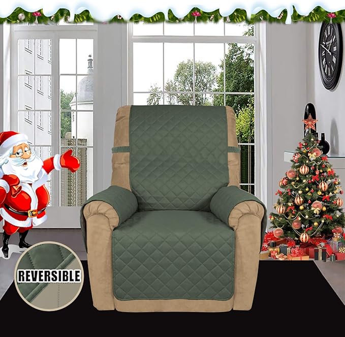 Easy-Going Recliner Sofa Slipcover Reversible Sofa Cover Water Resistant Couch Cover Furniture Protector with Elastic Straps for Pets Kids Children Dog Cat (Recliner, Greyish Green/Beige)