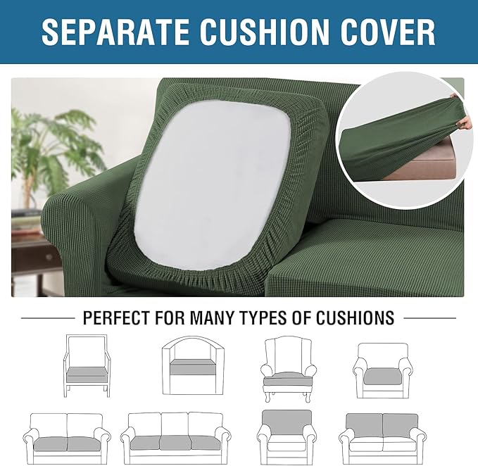 H.VERSAILTEX 4 Piece Stretch Sofa Covers for 3 Cushion Couch Covers for Living Room Furniture Slipcovers (Base Cover Plus 3 Seat Cushion Covers) Thicker Jacquard Fabric (Large Sofa, Bronze Green)