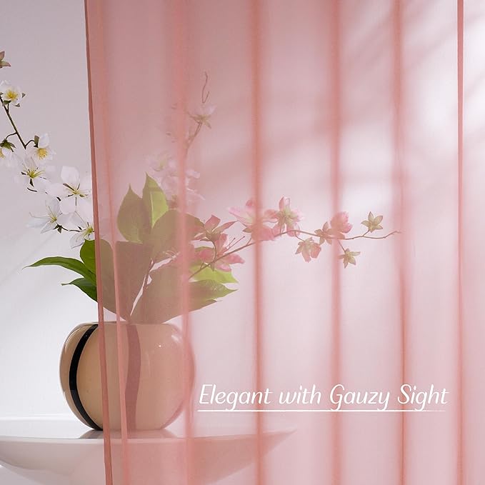 NICETOWN Living Room Coral Pink Sheer Curtains 96 inch Length, Grommet Airy Voile Sheer Drapes Casual Light Filtering Window Treatments for Girls Room, W54 x L96, 2 Panels