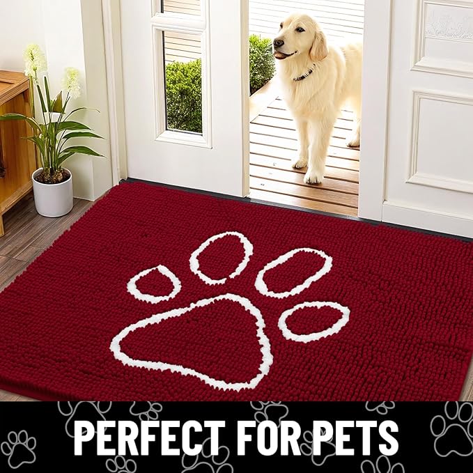 Smiry Dog Door Mat for Muddy Paws, Absorbent Dirt Trapper Non Slip Quick Dry Washable Chenille Mat for Mud Dogs, Entry Rug for Indoor and Outdoor (30x20 Inches, Red and White)