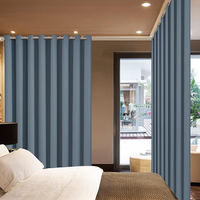 Yakamok 100% Blackout Extra Wide Thermal Insulated Curtains, Total Shade Patio Door Curtain, Full Light Shading Sliding Door Drape Room Divider Room Kids Nursery, Stone Blue, W100 x L96, 1 Panel