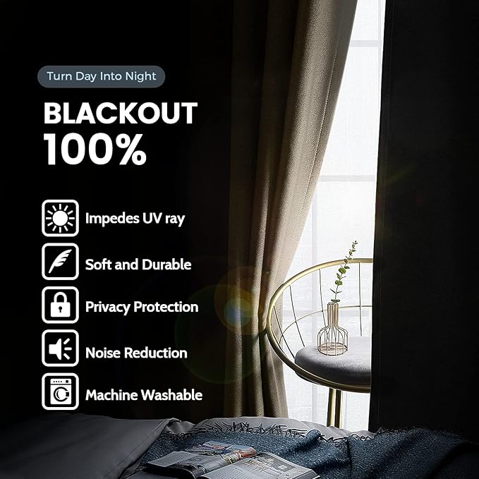 SimpleHome 100% Blackout Curtains for Bedroom,Thermal Insulated Beige Grommet Window Drapes Room Darkening Curtains for Living Room with Black Back,62 x 84 Inch,2 Panels