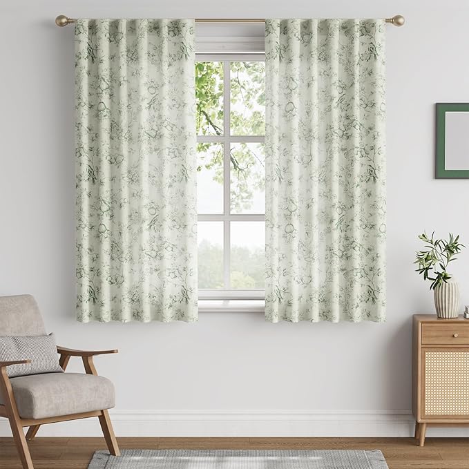 jinchan Linen Floral Curtains for Living Room 63 Inch Long Sage Green Printed Flower French Country Curtain Farmhouse Cottage Core Toile Curtains Back Tab Light Filtering Window Drapes Set 2 Panels
