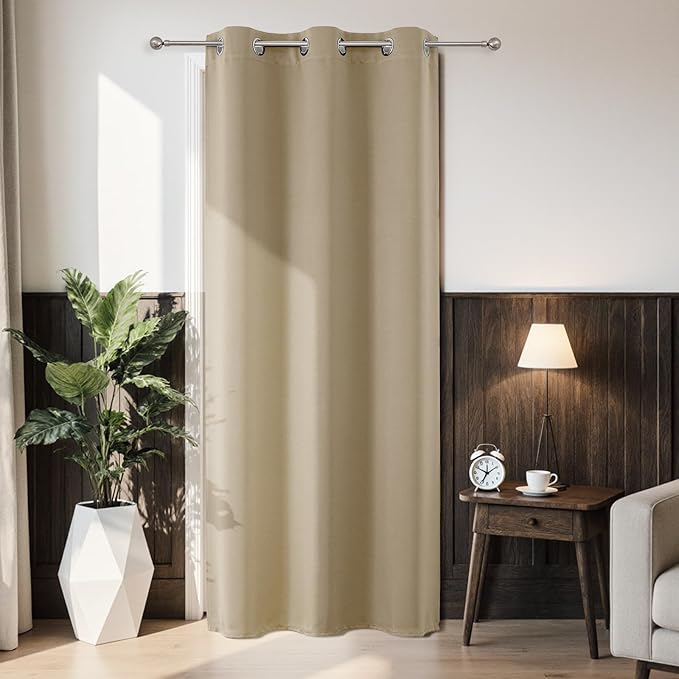 Joydeco Blackout Door Curtain for Doorway Privacy 80 Inches Long, Grommet Closet Curtain for Open Closet, Room Divider for Bedroom Living Room (Light Beige, 32Wx80L, 1 Panel)