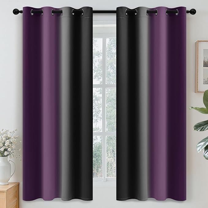 Yakamok Blackout Ombre Purple and Black Curtains for Bedroom, Gradient Room Darkening Curtains, Grommet Thermal Insulated Light Blocking Window Drapes/Curtain for Living Room,52 x 63 Inch,2 Panels