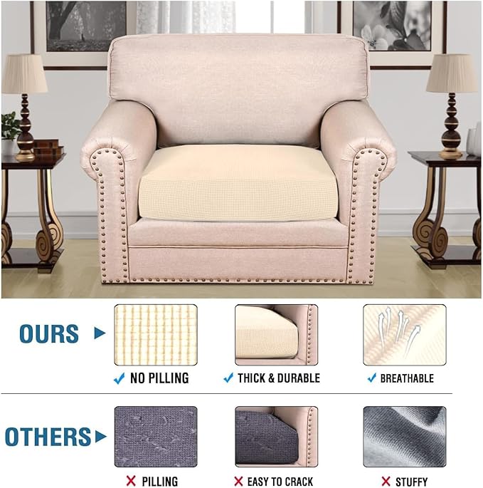 H.VERSAILTEX Super Stretch Individual Seat Cushion Covers Sofa Covers Couch Cushion Covers Slipcover Sets Thick Jacquard Textured Twill Fabric (1 Piece Chair Cushion Cover, Cream)