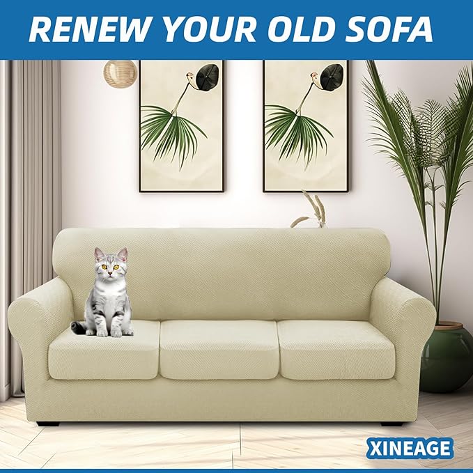 XINEAGE New 4 Pieces Couch Covers for 3 Cushion Couch Super Stretch Thick Soft Sofa Cover Anti Slip Sofa Slipcover Dogs Cats Furniture Protector (Light Beige, 71"-91")