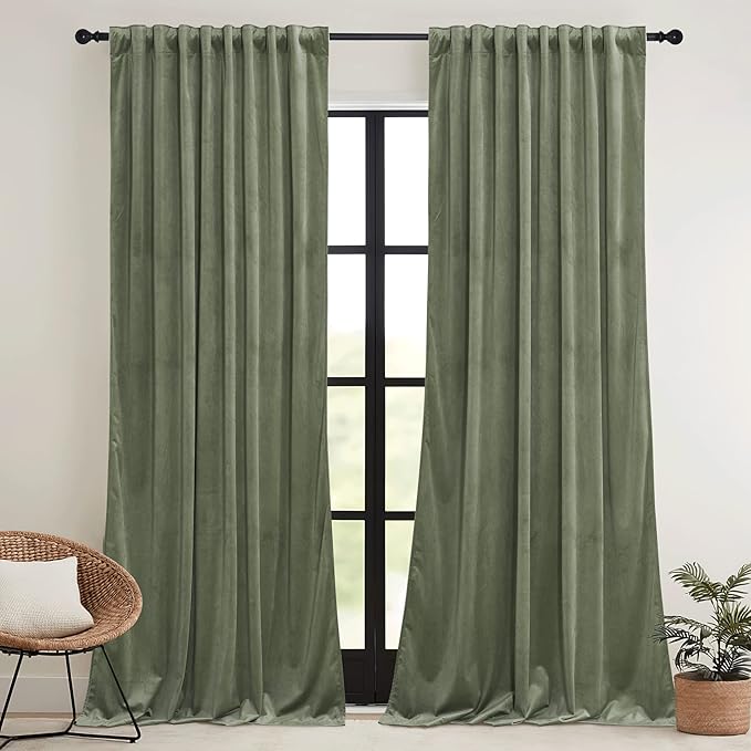 RYB HOME Sage Green Velvet Curtains with Hook Tape, Thermal Insulated Privacy Protect Decorative Drapes for Bedroom Dining Room, W 62 x L 96 inches, 2 Panels Set