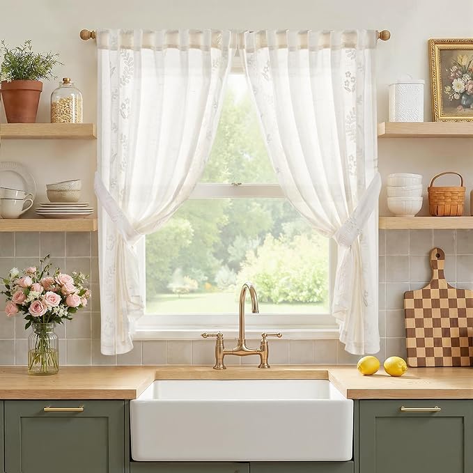 jinchan Belrose Linen Floral Cafe Curtains 54 Inch Length Embroidered Farmhouse Curtains for Kitchen Bedroom Bathroom Small Windows Curtain Set Light Filtering 2 Panels White