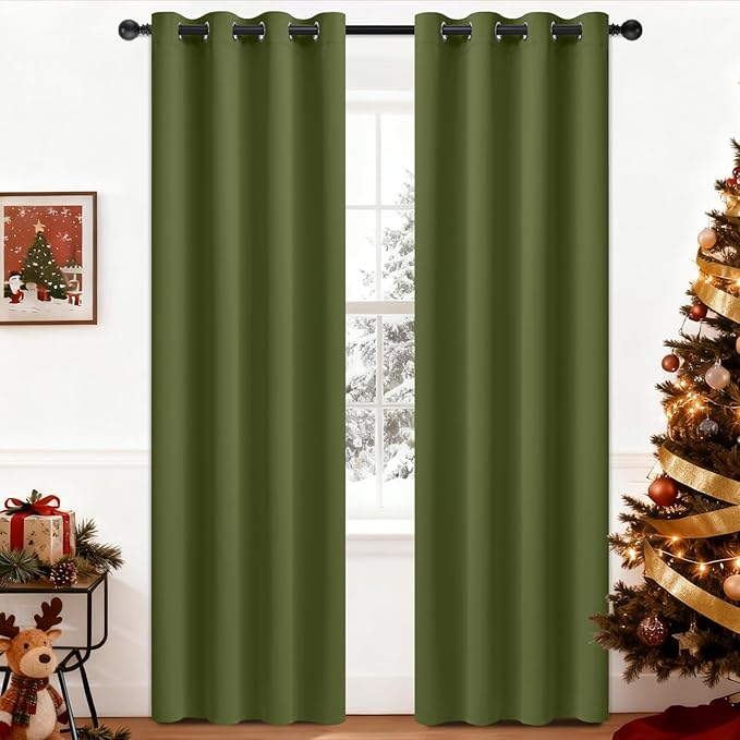 Yakamok Olive Green Curtains 84 Inches Length Blackout Curtain for Bedroom-Green Room Darkening Thermal Insulated Grommet Drapes for Living Room, 52W x 84L,2 Panels