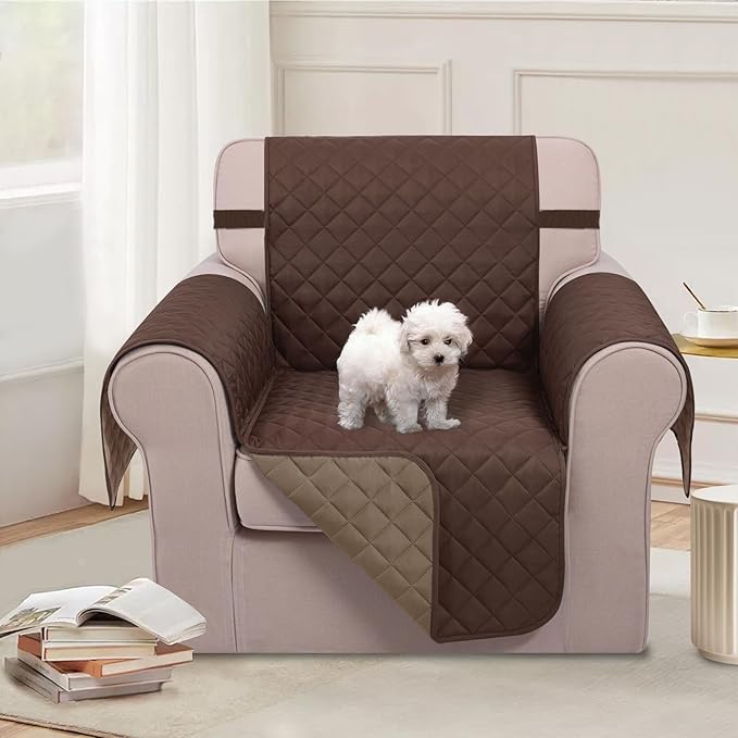U-NICE HOME Reversible Oversized Chair Covers Quilted Water Repellent Pet Protectors with Elastic Straps(28''Armchair, Chocolate/Taupe)