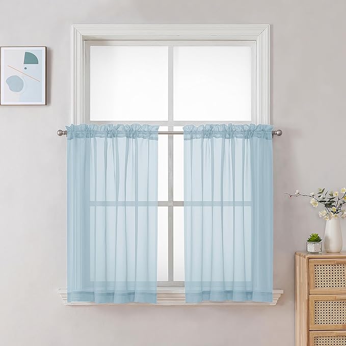 Chyhomenyc Sky Blue Sheer Curtains 30 inch Length 2 Panels, Light Filtering Voile Rod Pocket Short Window Curtians for Bathroom Living Room Farmhouse Small Windows, 42Wx30L inches