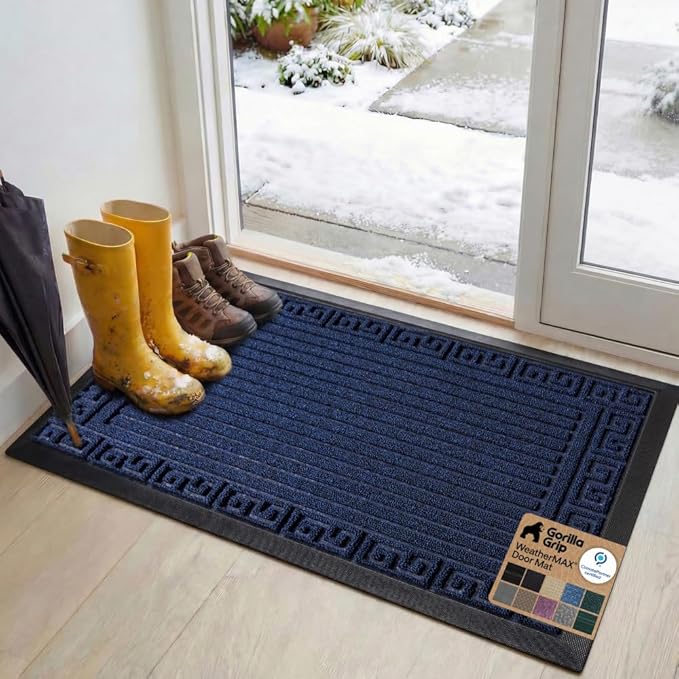 GORILLA GRIP 100% Waterproof All-Season WeatherMAX Doormat, 47x35, US Designed Natural Rubber, Stain and Fade Resistant, Low Profile Indoor Outdoor Door Mats, Easy Clean Patio Mat, Navy Greek Keys