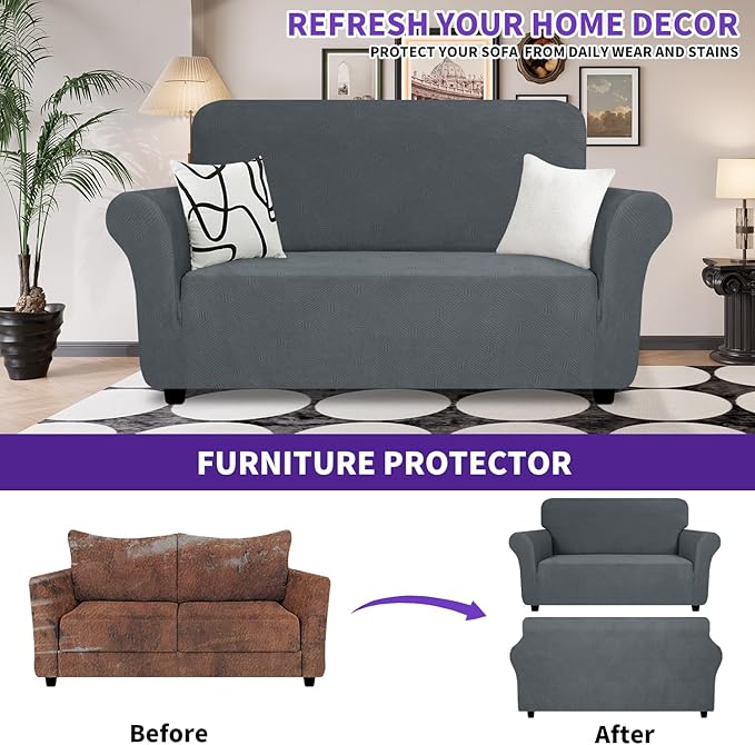 ZNSAYOTX Super Stretch Loveseat Covers (57"-70"), New Striped Love Seat Slipcover, Dogs Pet Friendly Anti-Slip Couch Protector Spandex Durable 2 Seater Fabric Sofa Cover (Dark Grey, Loveseat)