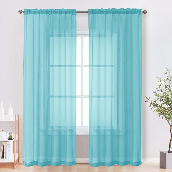 OVZME Sheer Curtains 84 Inches Long 2 Panels Set, Light Filtering Transparent Lightweight Soft Window Treatment Panels for Study Room Living Room Guest Room, Each 42W x 84L Inches, Aqua