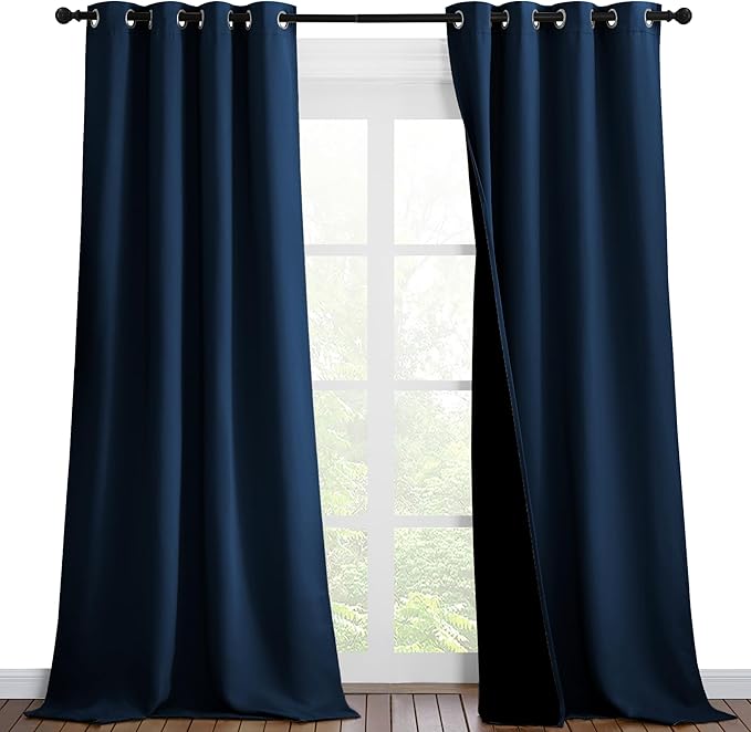 NICETOWN 100% Blackout Blinds, Set of 2, 46 inches x 102 inches, Laundry Room Decor Window Treatment Curtains for Large Patio Sliding Door, Thermal Insulated Moroccan Blue Curtains for Bedroom
