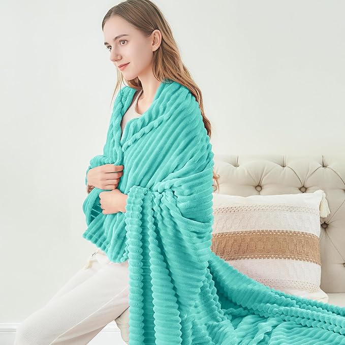 BEDELITE Fleece Blanket Twin Size – 3D Ribbed Jacquard Soft and Warm Decorative Fuzzy Blankets – Cozy, Fluffy, Plush Lightweight Throw Blankets for Couch, Bed, Sofa(Aqua, 60x80 inches)