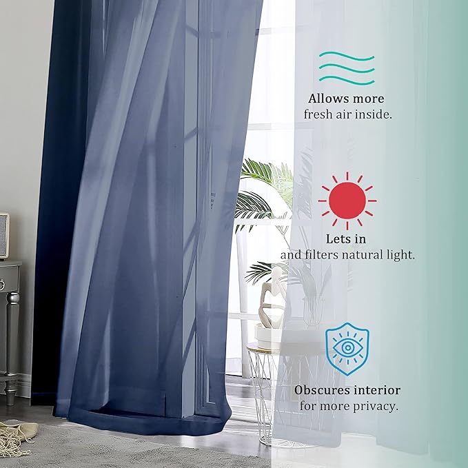 OVZME 2 Panels Sheer Navy Blue Curtains 72 Inches Length Window Treatment for Kitchen, Elegant Airy Transparent Curtain Draperies Rod Pocket for Kids Living Room, Each 42 Width 72 Length