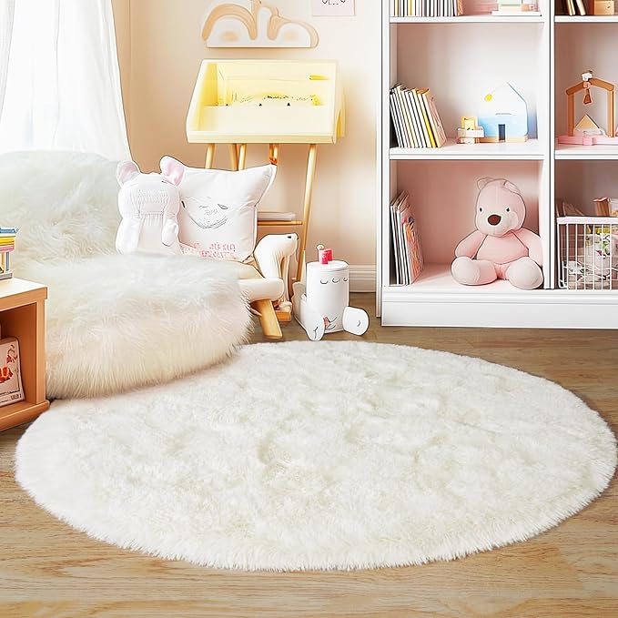 5'x5' Cream Round Rugs for Girls Bedroom, Ultra Soft Fluffy Circle Rug for Kids Room, Cute Shag Rugs for Living Room Playroom Tent Castle Home Decor Rug