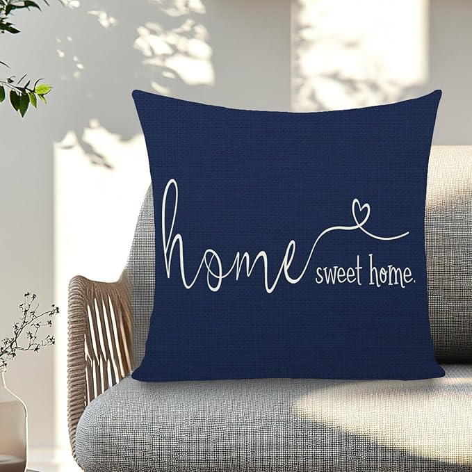 MFGNEH Home Sweet Home Quotes Farmhouse Pillow Covers 18x18 Inch,Farmhouse Decorative Lumbar Throw Pillow Case Cushion Cover,Housewarming Gift,Blue