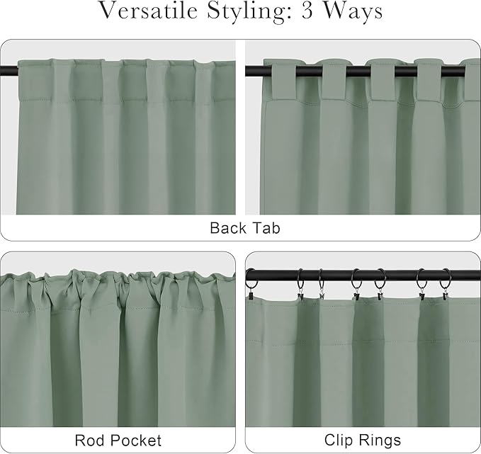 PONY DANCE Curtains Light Block - Thermal Insulated Back Tab Draperies Energy Saving/Short Window Covering for Bedroom Bay Windows, 42 Wide by 36 inch Drop, Sage Green, 2 Panels