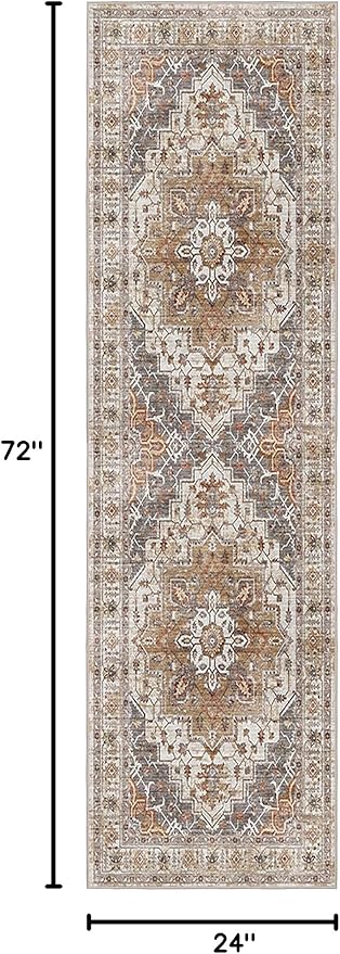 Madane Washable Runner Rug - 2x6 Rug Runners for Hallways 6 Feet Non Slip Vintage Kitchen Runner Rug Ultra-Thin Bathroom Runner Rugs Carpet Laundry Room Bedroom (2x6ft, Turmeric/Grey)