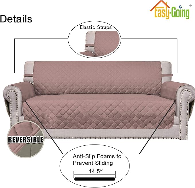 Easy-Going Reversible Couch Cover for 3 Cushion Couch Sofa Cover for Dogs Water Resistant Furniture Protector Cover with Foam Sticks Elastic Straps for Pet Cat (Sofa, Pink/Beige)