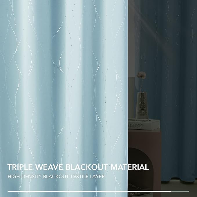 Deconovo Blackout Curtains, Thermal Insulated Soundproof Grommet Drapes, Wave Dot Foil Print, 42 x 45 Inch, Set of 2, Machine Washable Window Panel for Bedroom Living Room Nursery Kitchen, Light Blue
